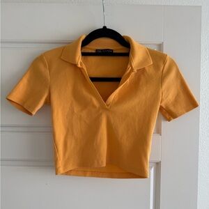 Zara Orange V-Neck Collared Short Sleeve Crop Top Size Small